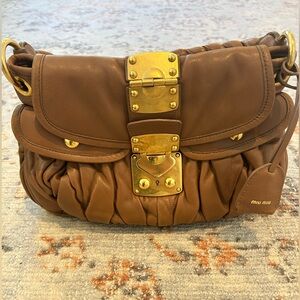 Miu Miu Tan Leather Matelasse Shoulder Bag with Gold Hardware